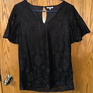 JODIFL Black Floral Lace V-Neck Blouse